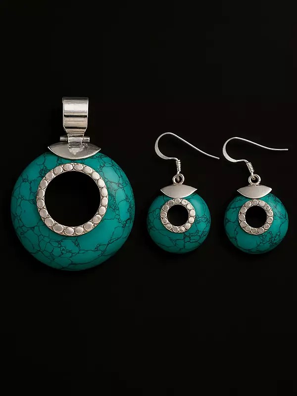 Spider's Web Faux Turquoise Pendant with Matching Earrings Set - Sterling Silver
