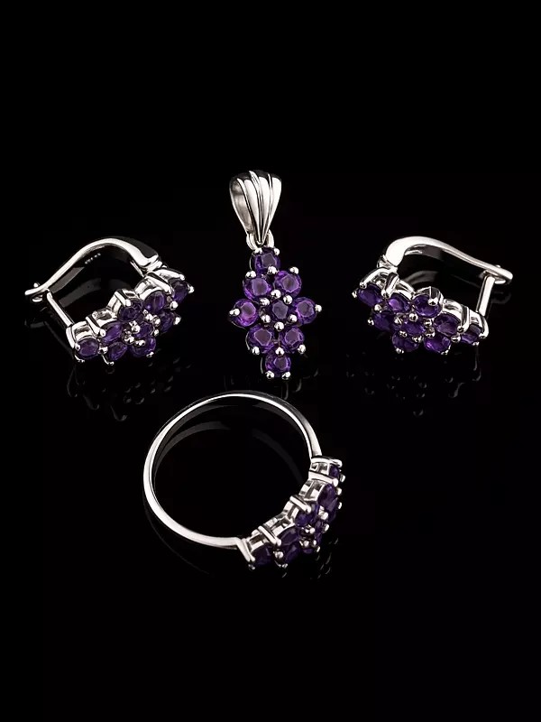 Faceted Amethyst Pendant with Earrings and Ring Set