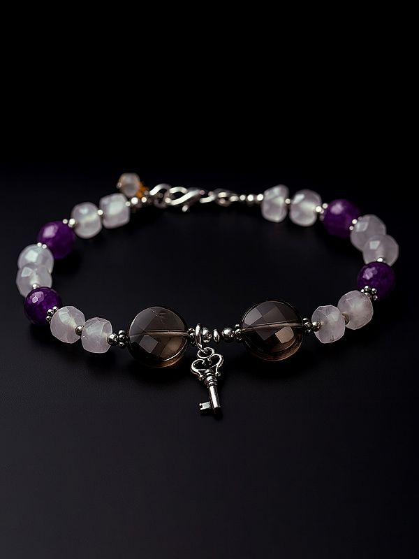 Amethyst, Rose-Quartz and Smoky-Quartz Bracelet with Sterling Silver Beads