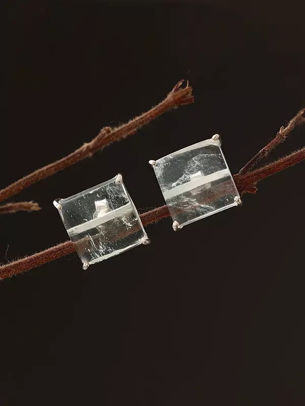 Square Shaped Aqua Crackle Gemstone Stud Earrings