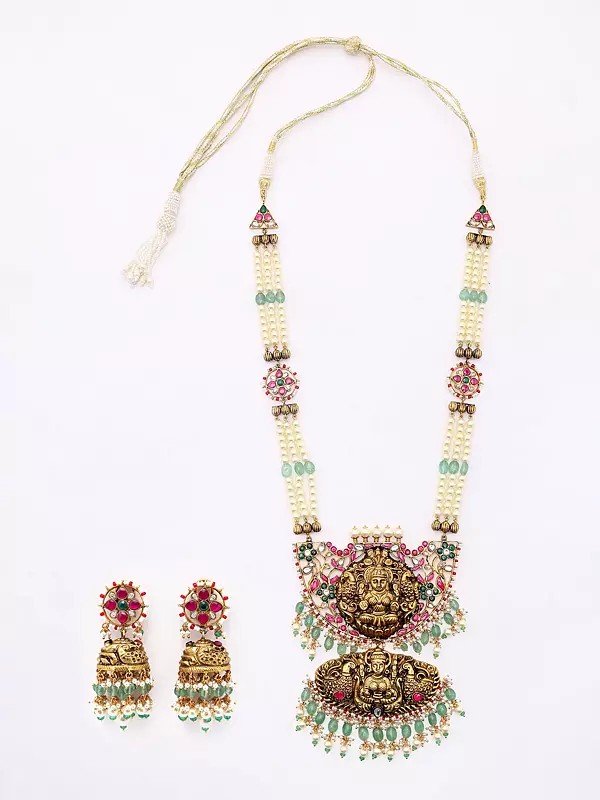Pearl Beaded Triple Strand Traditional Goddess Laxmi Necklace and Earrings Set