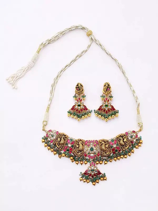 Kundan Studded Sterling Silver Choker Necklace and Earring Set