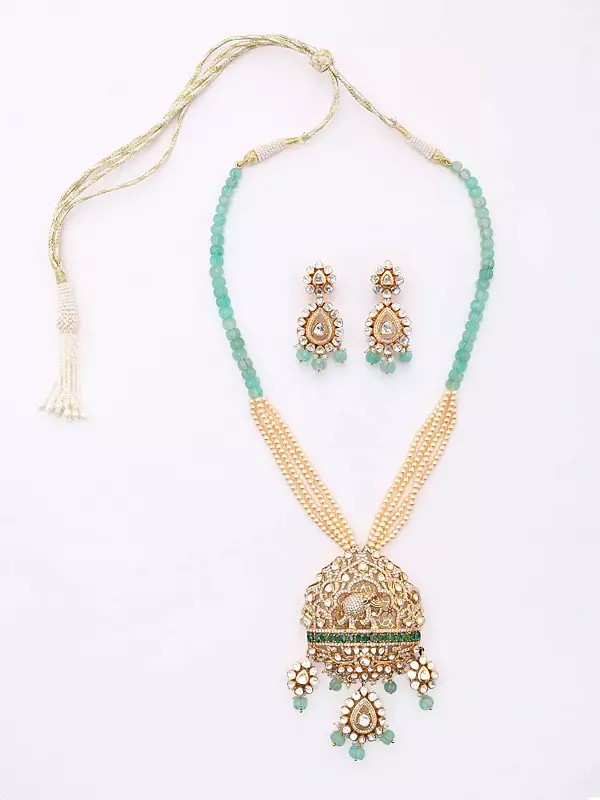 Polki Diamond and Kundan Studded Sterling Silver Necklace and Earrings Set
