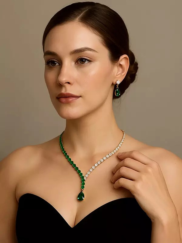 Green and White Moissanite Lariat Style Necklace and Earring Set