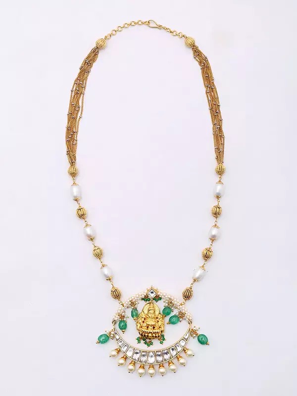Goddess Lakshmi Temple Necklace with Pearl Drops