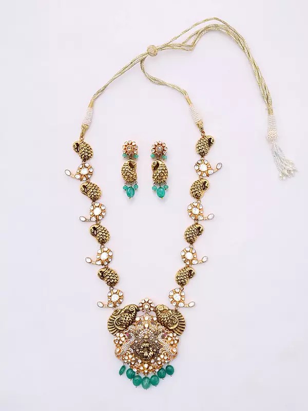 Polki Diamond Studded Goddess Lakshmi Necklace and Earrings Set