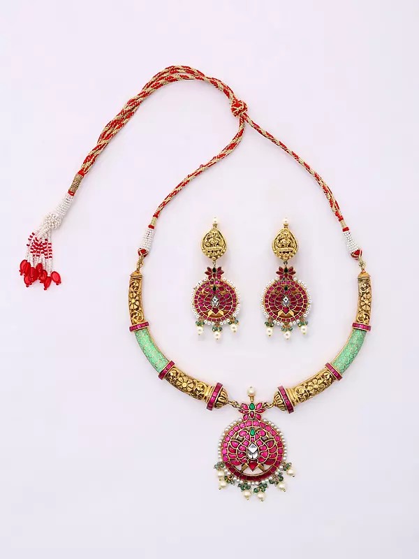 Stone Studded Sterling Silver Hasli Floral Necklace and Earrings Set
