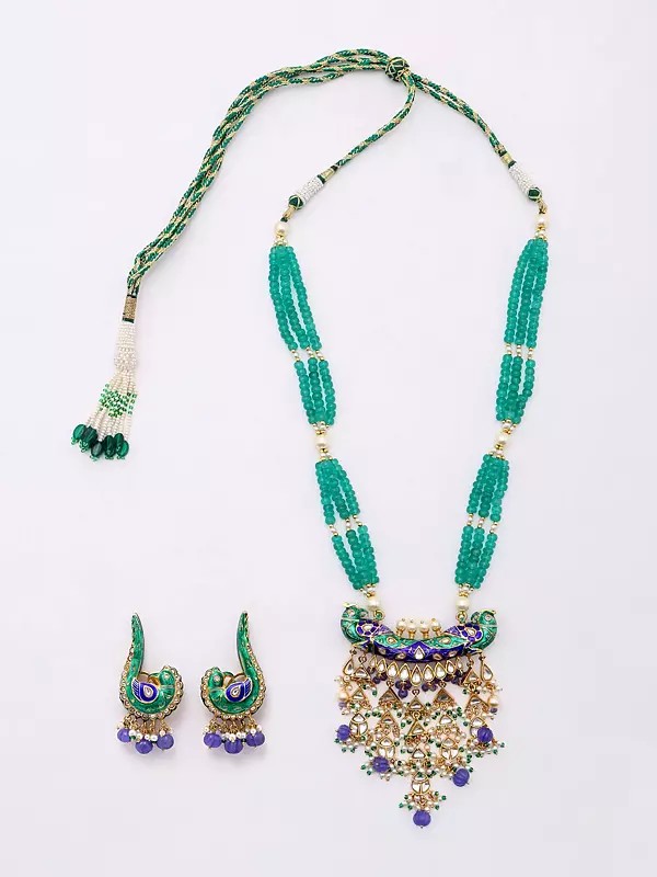 Kundan Studded and Beaded Peacock Design Necklace and Earrings Set