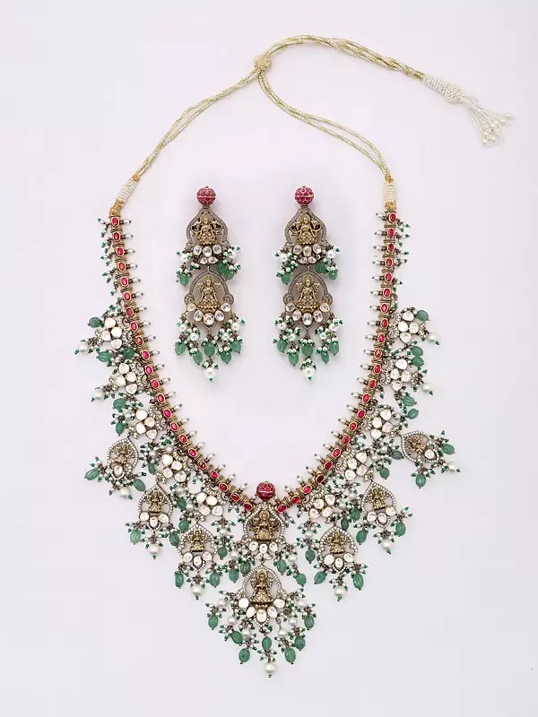 Goddess Lakshmi Moissanite Polki Kundan Studded Necklace Set with Earrings