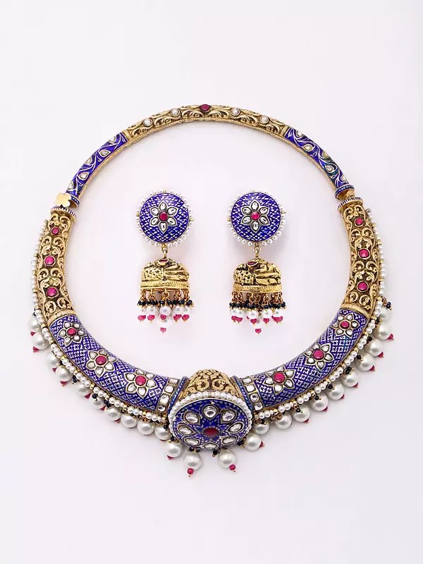 Traditional Meenakari Work Hasli Choker with Borla Motifs Design and Earring Set