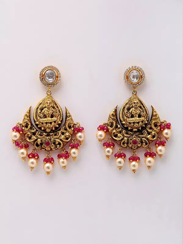 Goddess Lakshmi ChandelIer Earrings with Dangling Ruby and Pearls