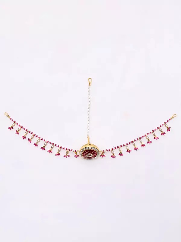 Kundan and Moissanite Studded Rajasthani Matha Patti with Dangling Beads
