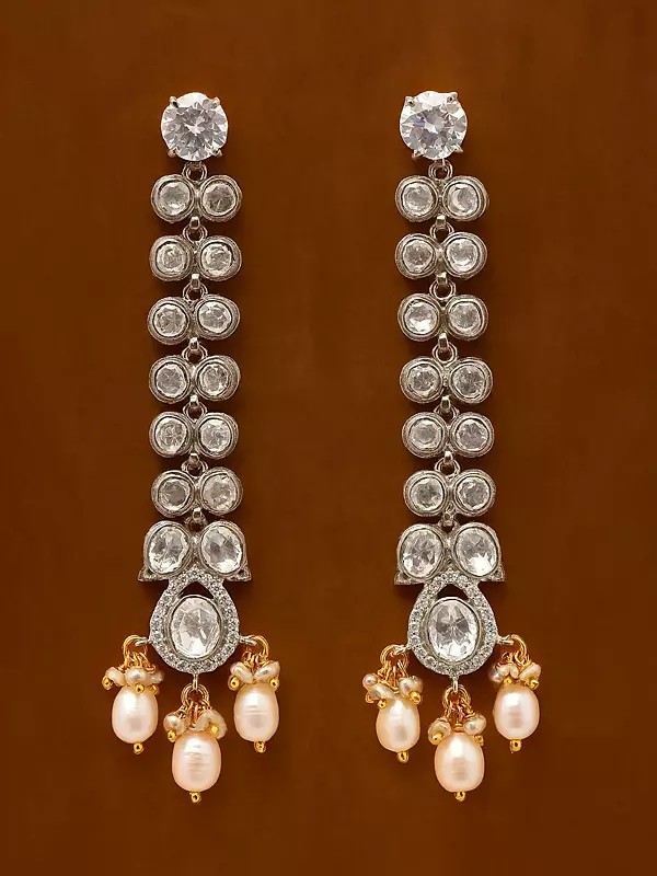 Polki Diamond Long Earrings with Pearl Drop