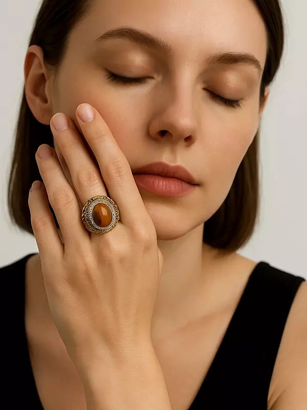 Oval Shape Tiger Eye Ring with Scrollwork Patterns