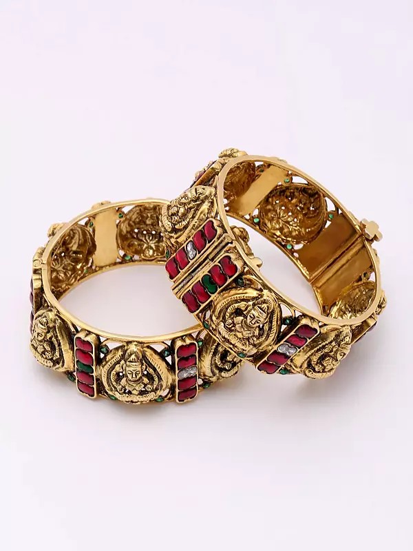 Traditional Goddess Lakshmi Openable Bangles with Studded Stones (Set of 2)