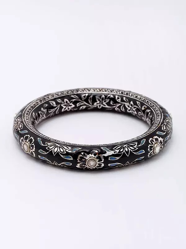 Enamelled Flower Vines Design Sterling Silver Bangle