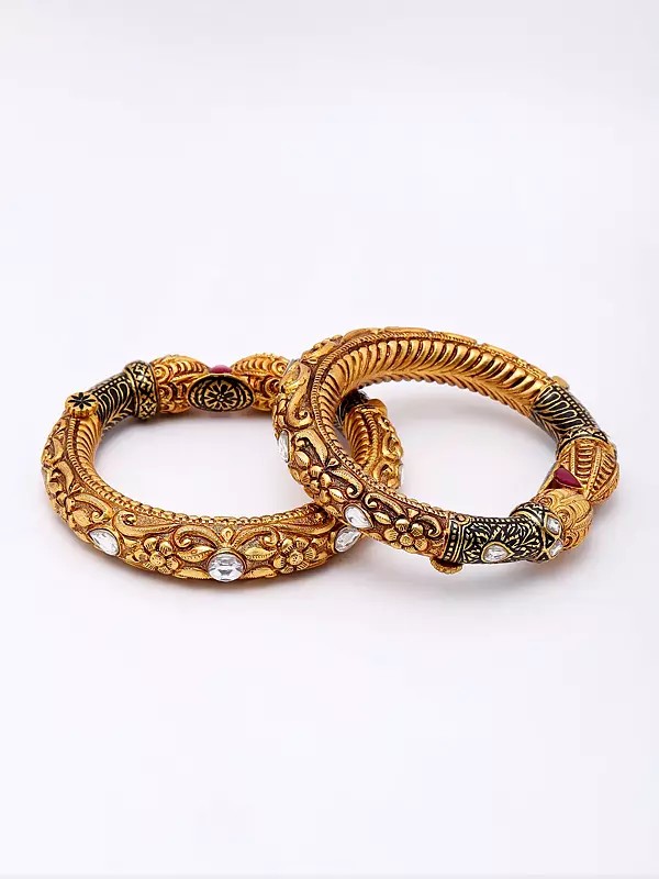 Pair of Ornate Traditional Bangles with Stone Embellishments