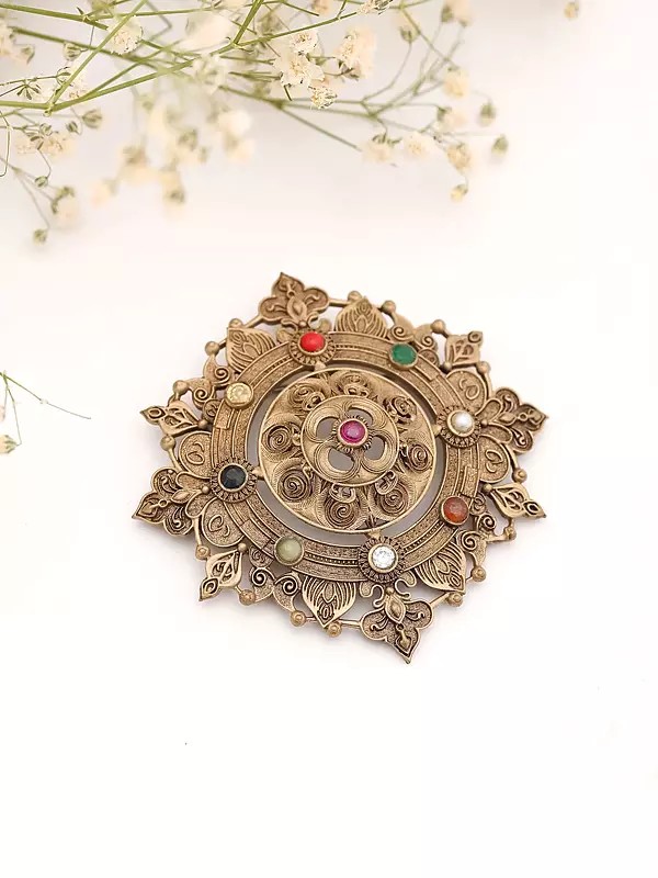 Navaratna Stone Studded Eight-Pointed Floral Brooch