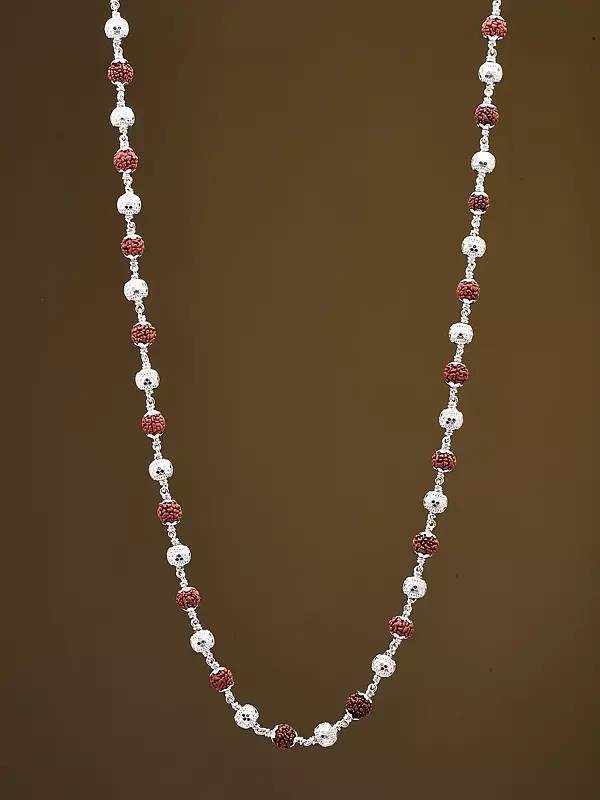 Natural Rudraksha & Textured Silver Beads Mala