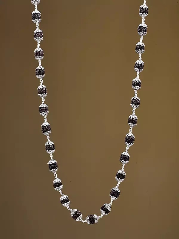 Natural Black Rudraksha Mala with Silver Work