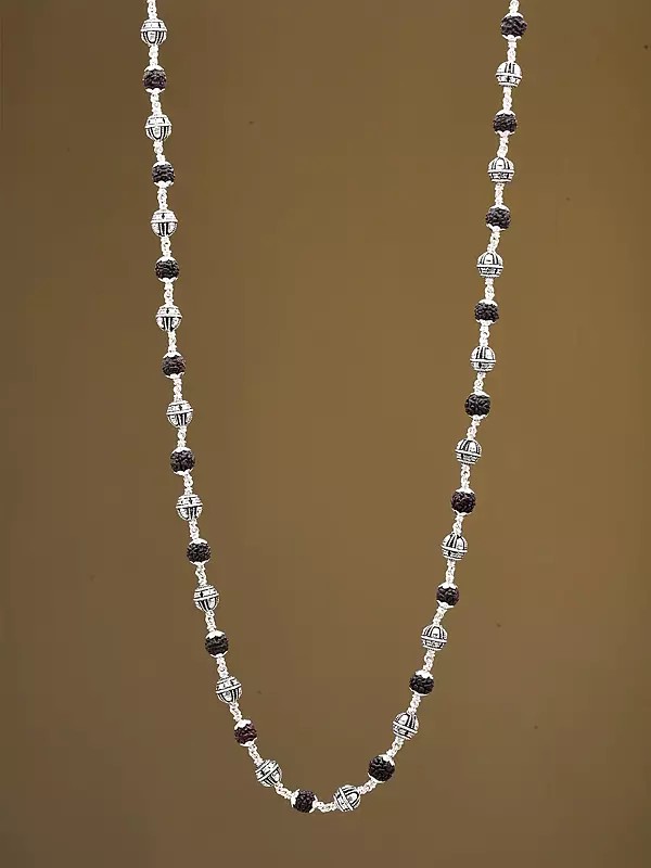 Natural Rudraksha & Sterling Silver Beads Mala