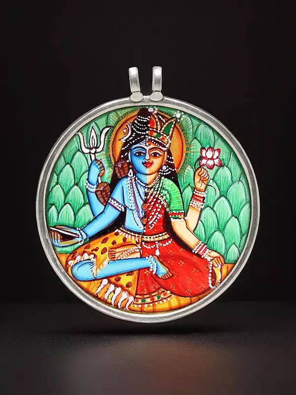 Round Shape Hand Painted Ardhanarishvara (Shiva Shakti) Pendant