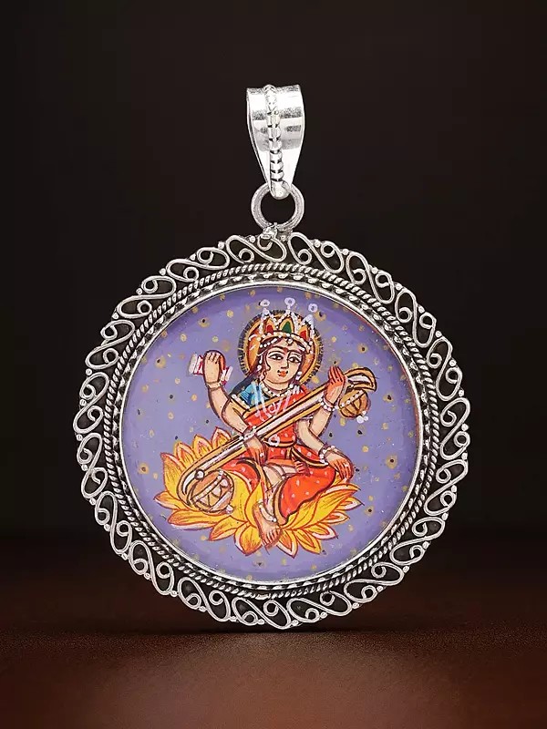 Round Shape Hand-Painted Goddess Saraswati Pendant