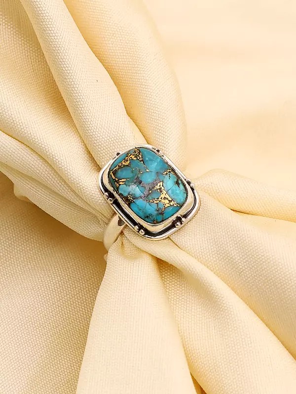 Copper Turquoise Rectangular Shape Sterling Silver Ring