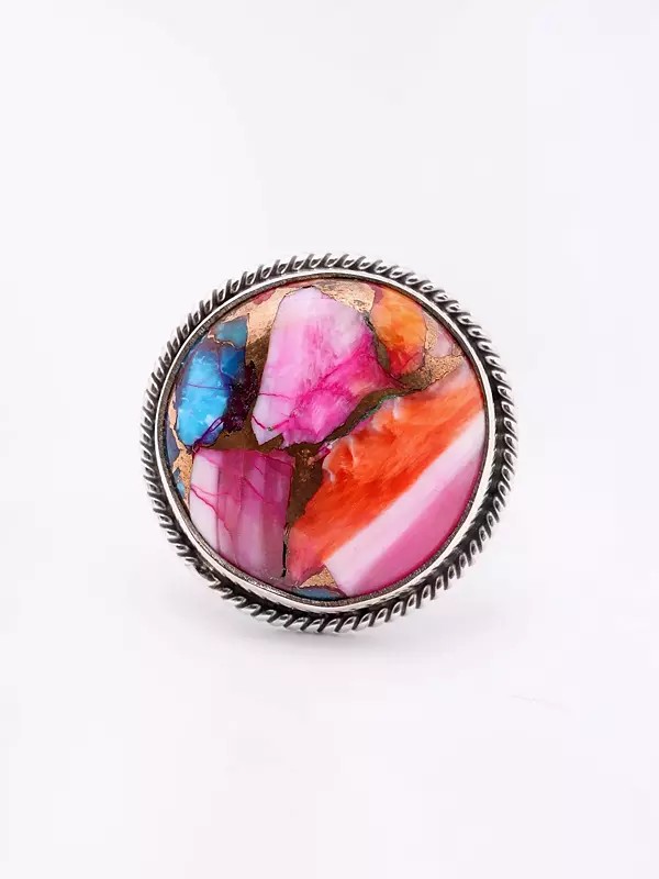 Round Cut Pink Spiny Oyster Copper Turquoise Ring