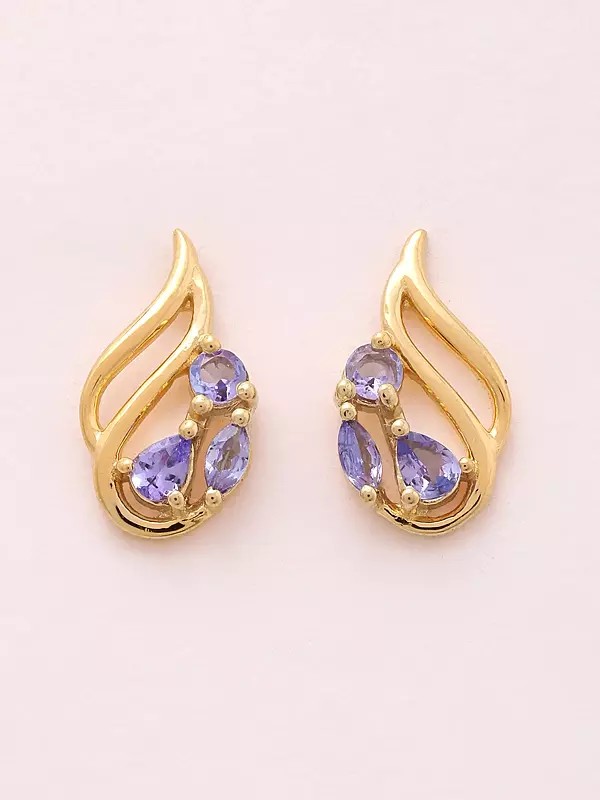 Flame Curved Silver Studs with Faceted Tanzanite Gemstone