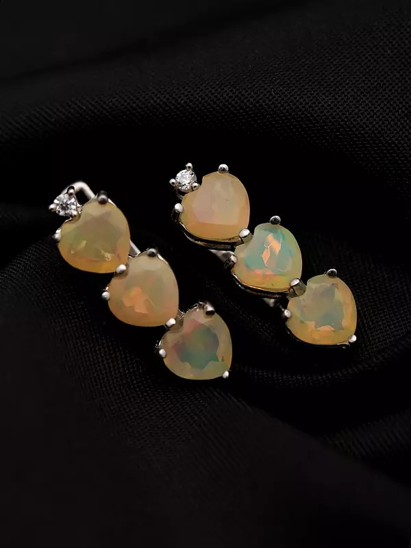 Triple Heart Ethiopian Opal Earrings