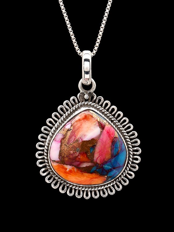 Pear-Shaped Pink Spiny Oyster Copper Turquoise Pendant in Silver Wire Loop Design