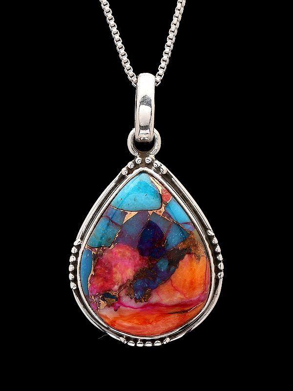 Teardrop Shaped Pink Spiny Oyster Copper Turquoise Pendant