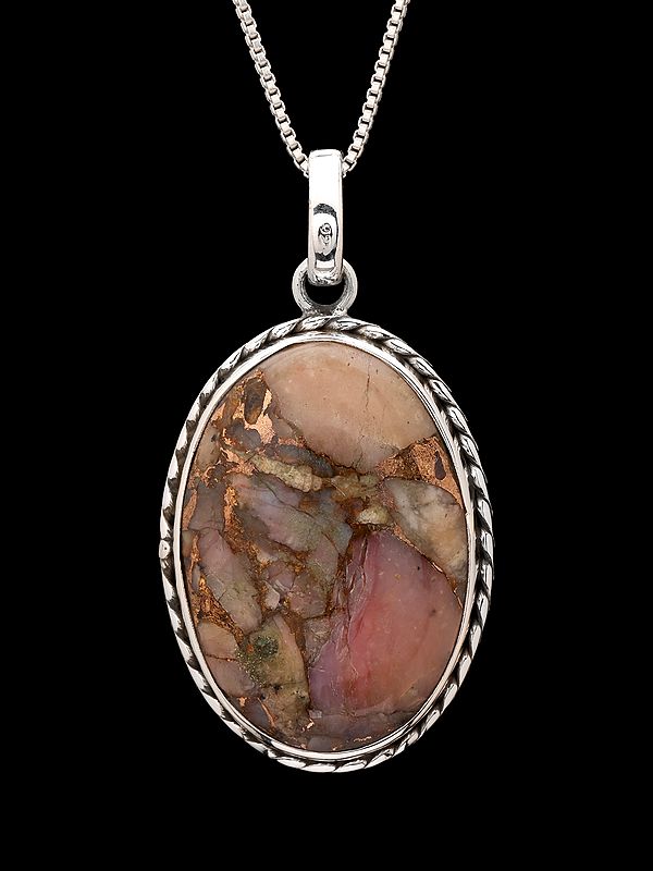 Oval Shape Copper Mojave Pink Opal Pendant in Silver Rope Bezel