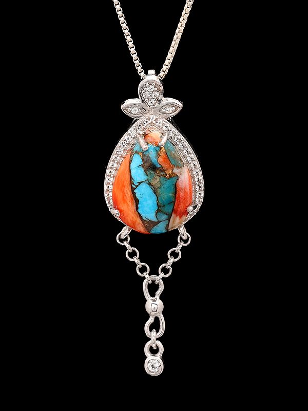 Teardrop-Shaped Oyster Copper Turquoise Pendant with Dangling Silver Chain