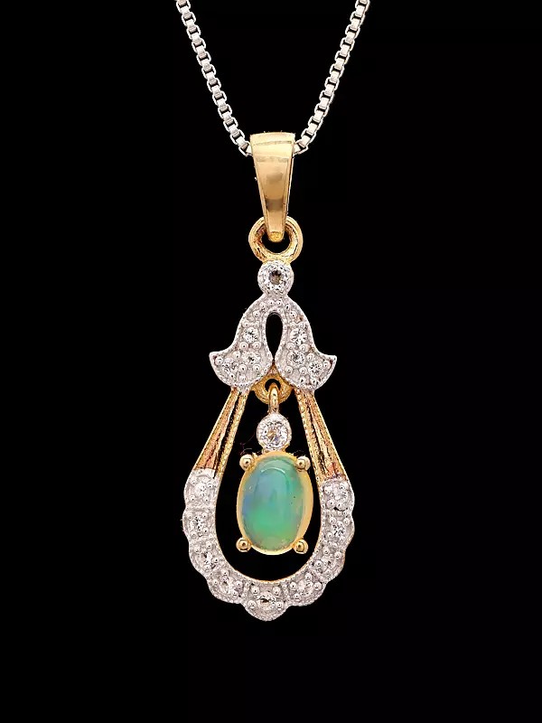 Teardrop Shape Pendant with Pave-Set Silver Frame and Oval Opal in Center