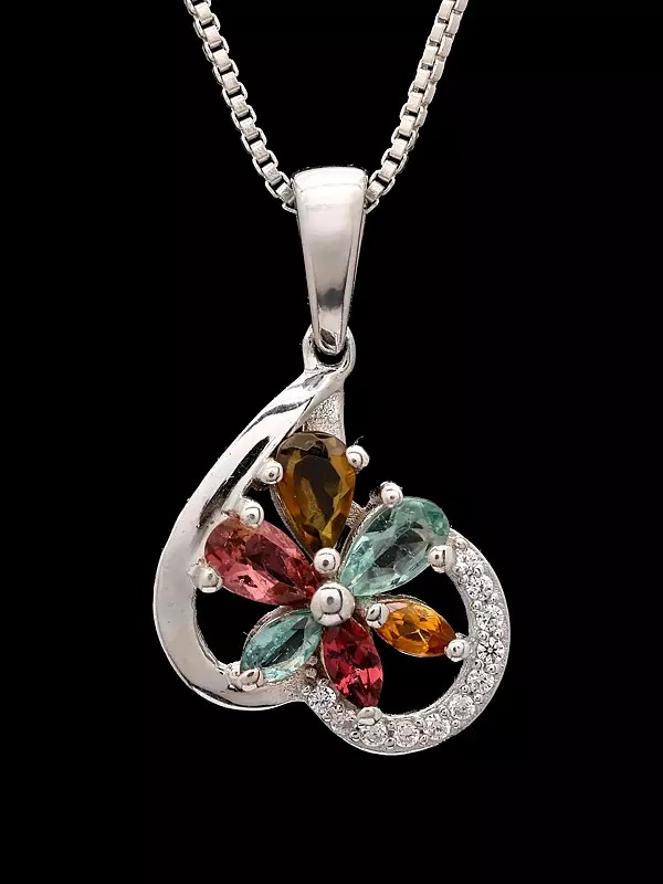 Floral Multicolor Gemstones Pendant in Inverted Curved Silver Heart