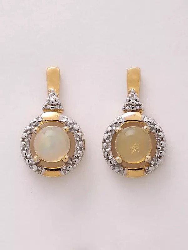 Round Halo-Style Stud Earrings with Cabochon Opal in Center