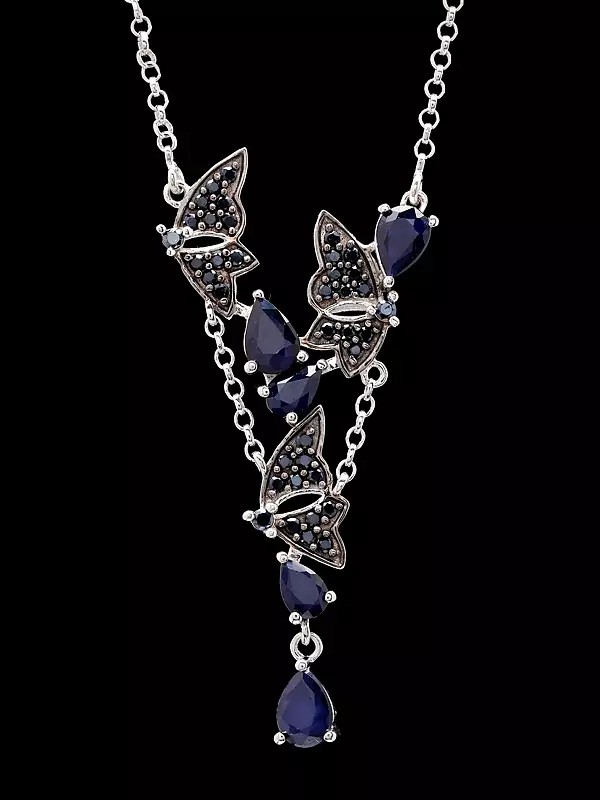 Y-Shaped Butterfly Necklace with Pear-Cut Blue Sapphire Gemstones