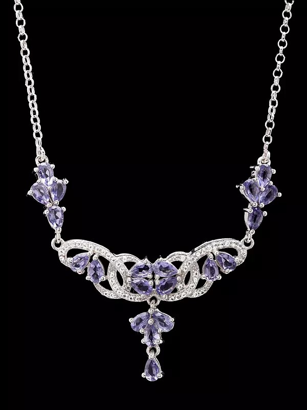 Pear-Cut Tanzanite Floral Cluster Necklace with Silver Interlaced Pattern