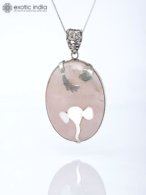 Oval Shape Rose Quartz Pendant with Silver Ganesha