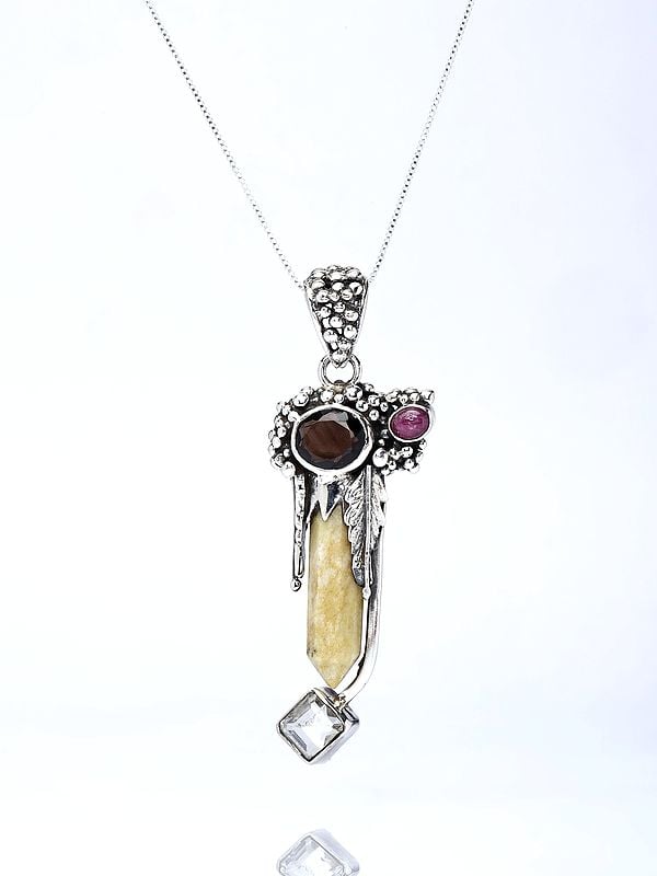 Yellow Aventurine Prism Reiki Pendant with Smoky Quartz, Ruby and Clear Quartz