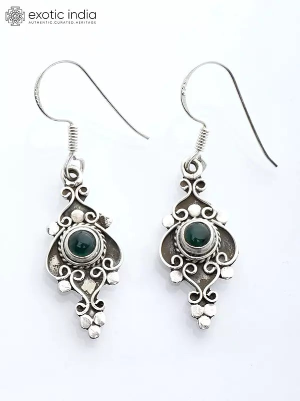 Sterling Silver Hook Dangle Earrings with Green Onyx