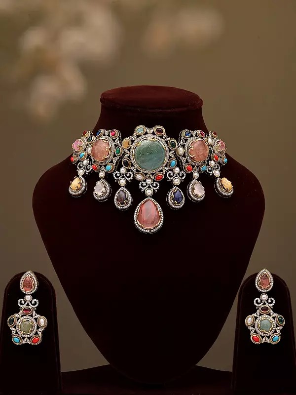 Majestic Multicolored Stone Studded Choker Set with Earrings
