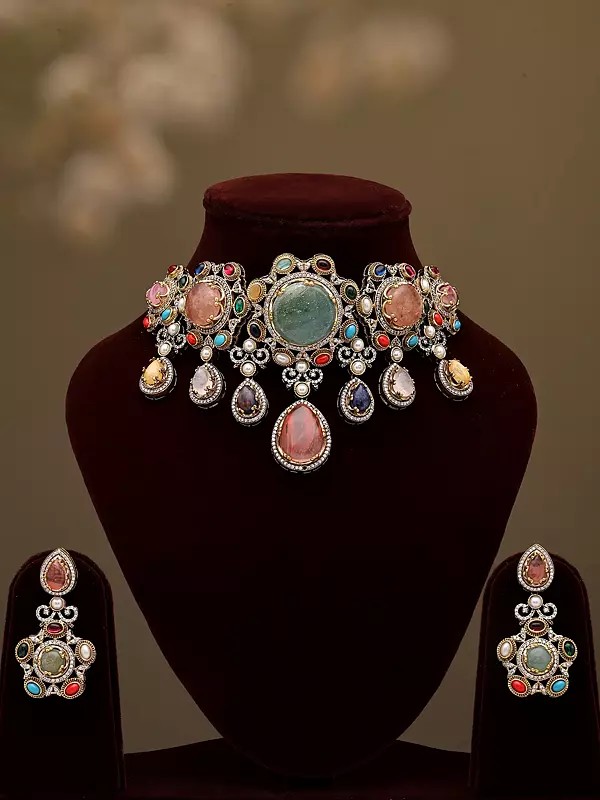Majestic Multicolored Stone Studded Choker Set with Earrings