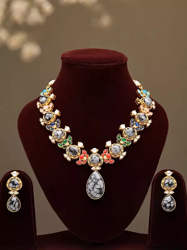 Floral Multi-Stone Studded Necklace Set with Earrings