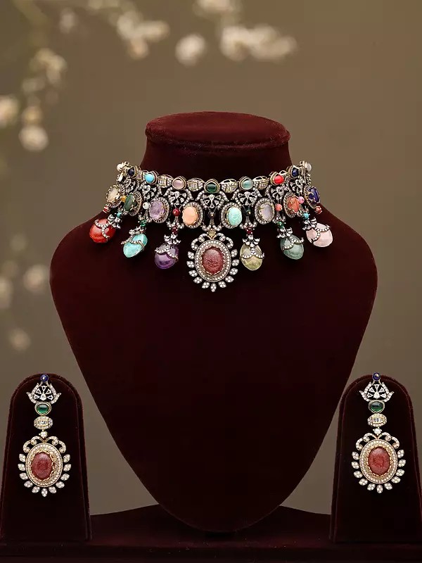 Traditional Rajputi Style Multicolored Choker Necklace with Dangling Drops and Earrings