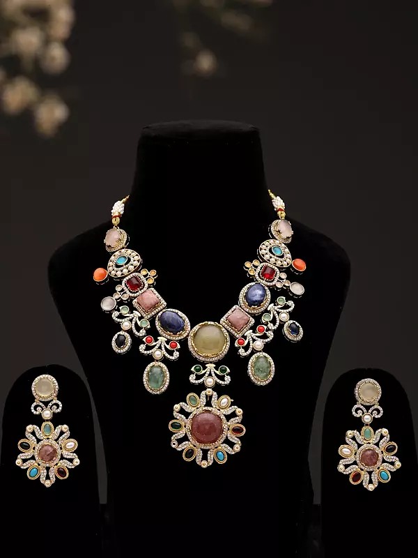 Floral Multicolor-Stone Studded Necklace Set with Earrings