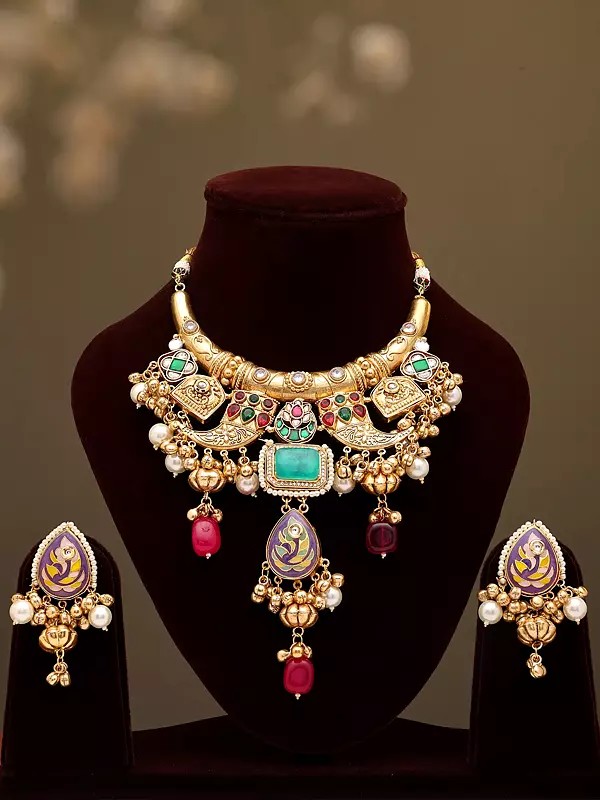 Fusion Hasli-Style Necklace and Earrings Set with Ghungroo Clusters