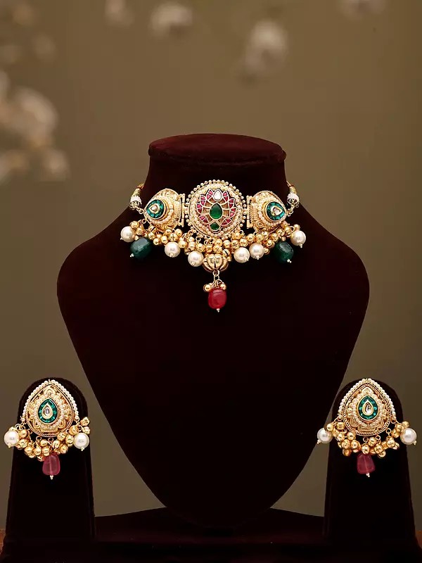 Lotus Motif Choker Necklace and Earrings Set with Ghungroo Clusters